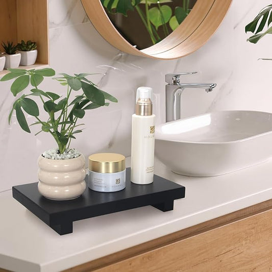 Black Bathroom Vanity Counter Tray Decor Farmhouse Wood Risers Kitchen Soap Sink Tray for Countertop Decorative Hand Soap Dispenser Holder Wooden Pedestal Stand Modern Bathroom Organizer Accessories