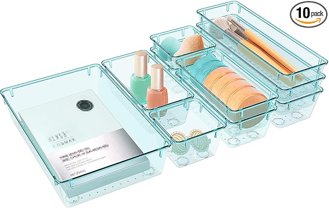 10 PCS Drawer Organizer Set, 4 Varied Size Bathroom and kitchen Drawer cabinet organizer Trays, Clear Storage Bins for Makeup, Jewelry, Utensils and Gadgets