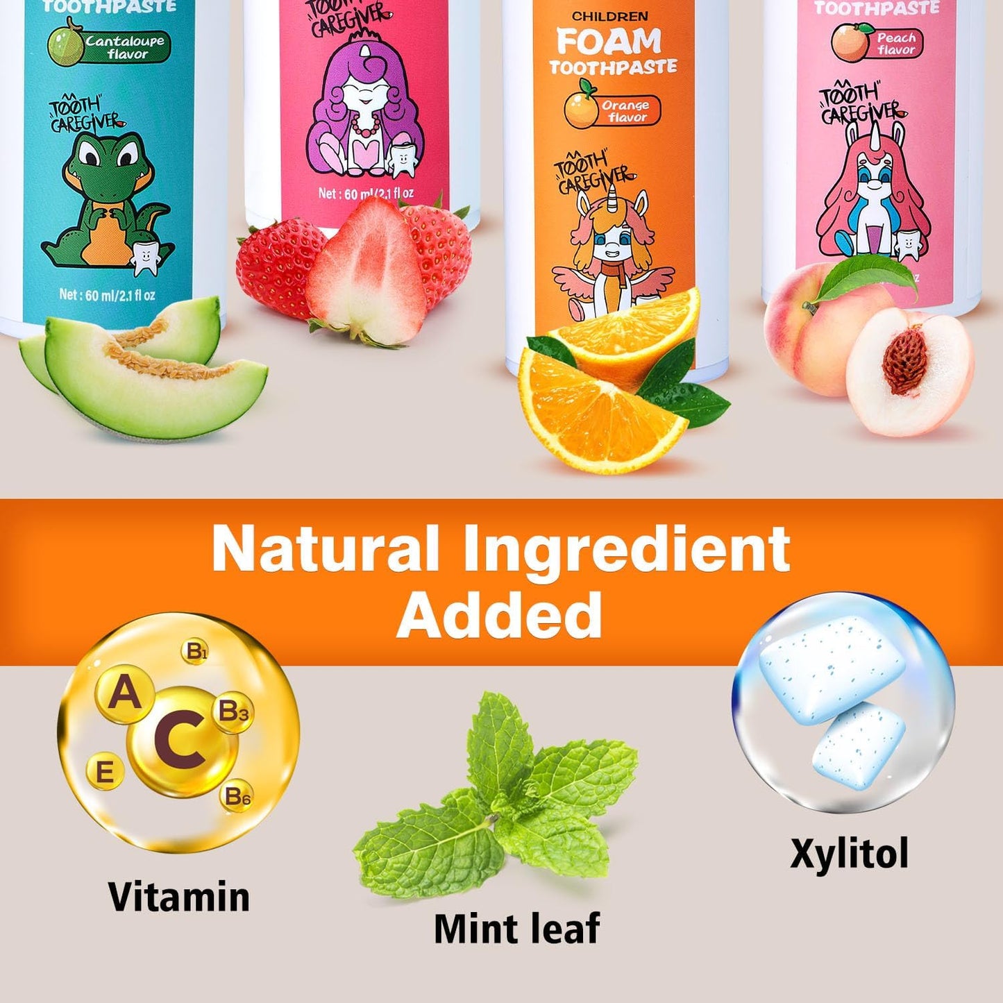 NOHOO Fluoride Free Foam Toothpaste Kids Fruit Flavour,Natural Training Toothpaste for Baby Toddler Children Oral Cleaning and Cavity Protection(Orange + Peach)