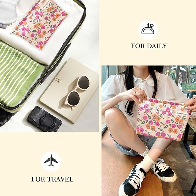 STARDW Aesthetic Floral Makeup Bag Cute Small Cosmetic Bags for Women Girls, Travel Toiletry Bag Large Capacity Zipper Makeup Pouch, Purse Organizer Pouches (Pink Flowers)