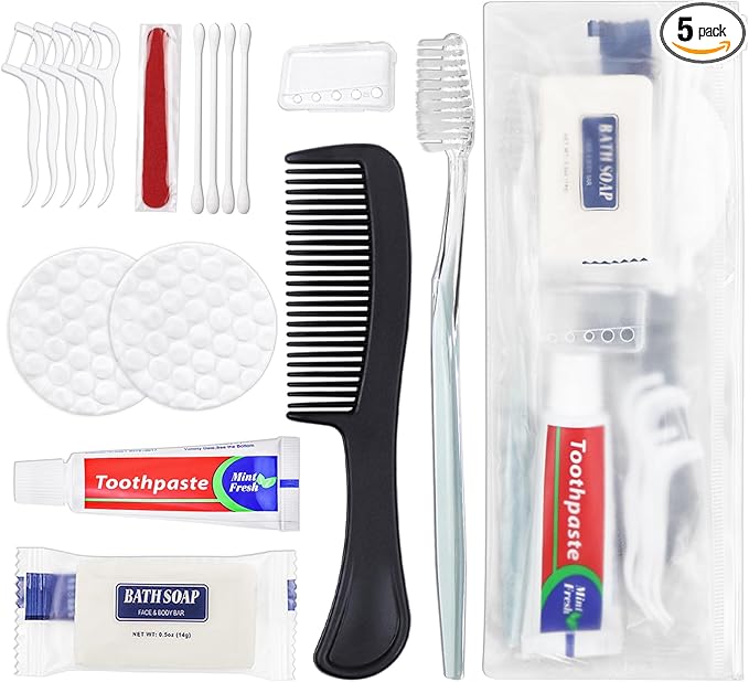 5 Sets Personal Hygiene Kit Bulk, Disposable Toothbrushes with Toothpaste Floss Comb Soap Cover and Vanity Kit, Toiletry Kits Homeless Supplies Bulk for Women,Men,Travel,Homeless
