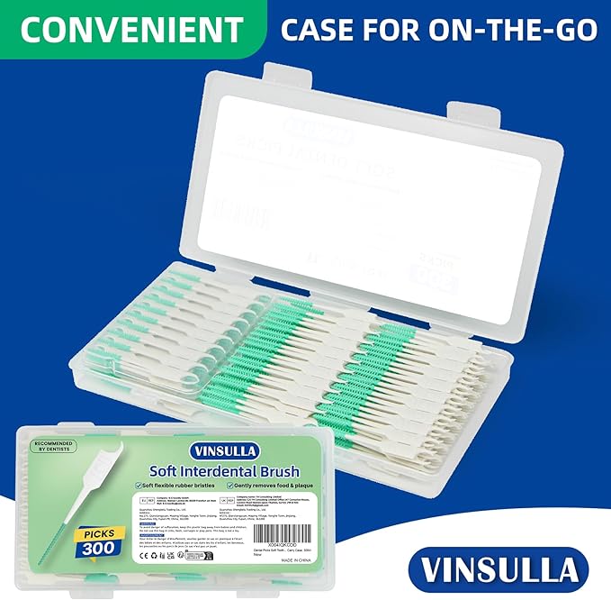 Dental Floss Picks for Teeth Cleaning, Easy to Use Disposable Interdental Brushes with Convenient Carry Case, (Green, 300 Count)