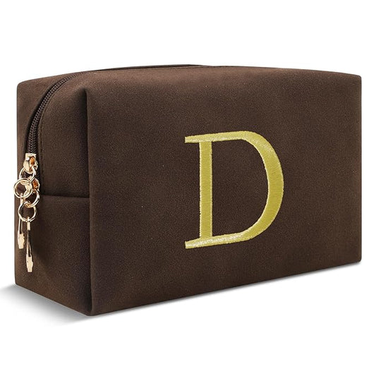 Personalized Initial Makeup Bag,Preppy Suede Cosmetic Bag for Teen Girls,Small Monogram Travel Toiletry Bag With Gold Embroidered Letter,Trendy Stuff Custom Christmas Gift for Women(Coffee-D)
