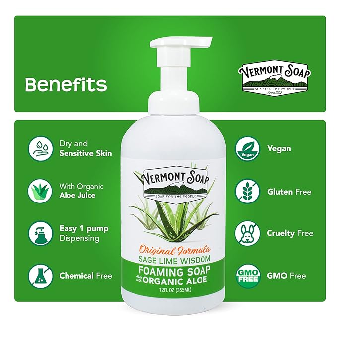 VERMONT SOAP Organic Sage Lime Wisdom Foaming Hand Soap - Natural Moisturizing Soap for Dry Skin - Fragrance Free Liquid Bathroom Hand Soap Dispenser - Sage Lime Wisdom - 12 oz