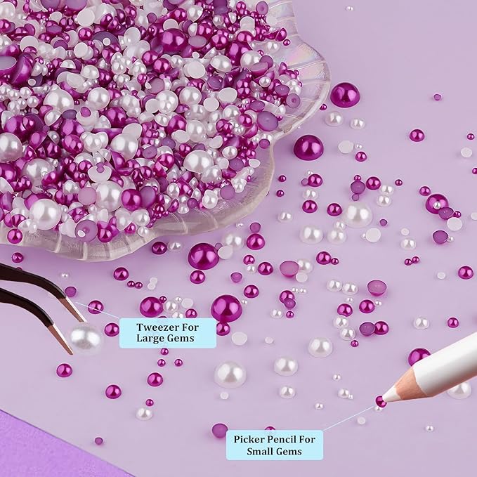 2 Boxes Flat Back Pearls Kit 3 Flatback White&Dark Purple Half Round Pearls 2-8mm with Pickup Pencil and Tweezer for Home DIY and Face Makeup and Craft