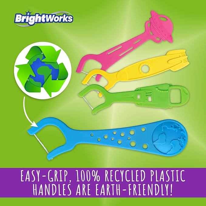 BrightWorks Kids Fun Space Flossers, Mixed Berry Flavor Fluoride [240 Floss Picks Total] Colorful Space Shapes: Astronaut, Rocketship, UFO, Earth. 100% Recycled Plastic Material. 80 Count (Pack of 3)
