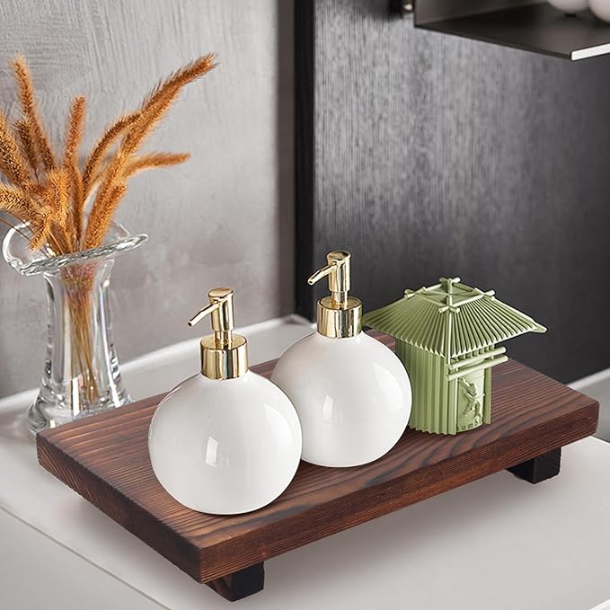 Small Bathroom Counter Organizer Tray Wooden Pedestal Stand for Display Decor Farmhouse Wood Risers Soap Dish Dispenser Holder for Kitchen Sink Tray Modern Bathroom Vanity Accessories Decorative trays