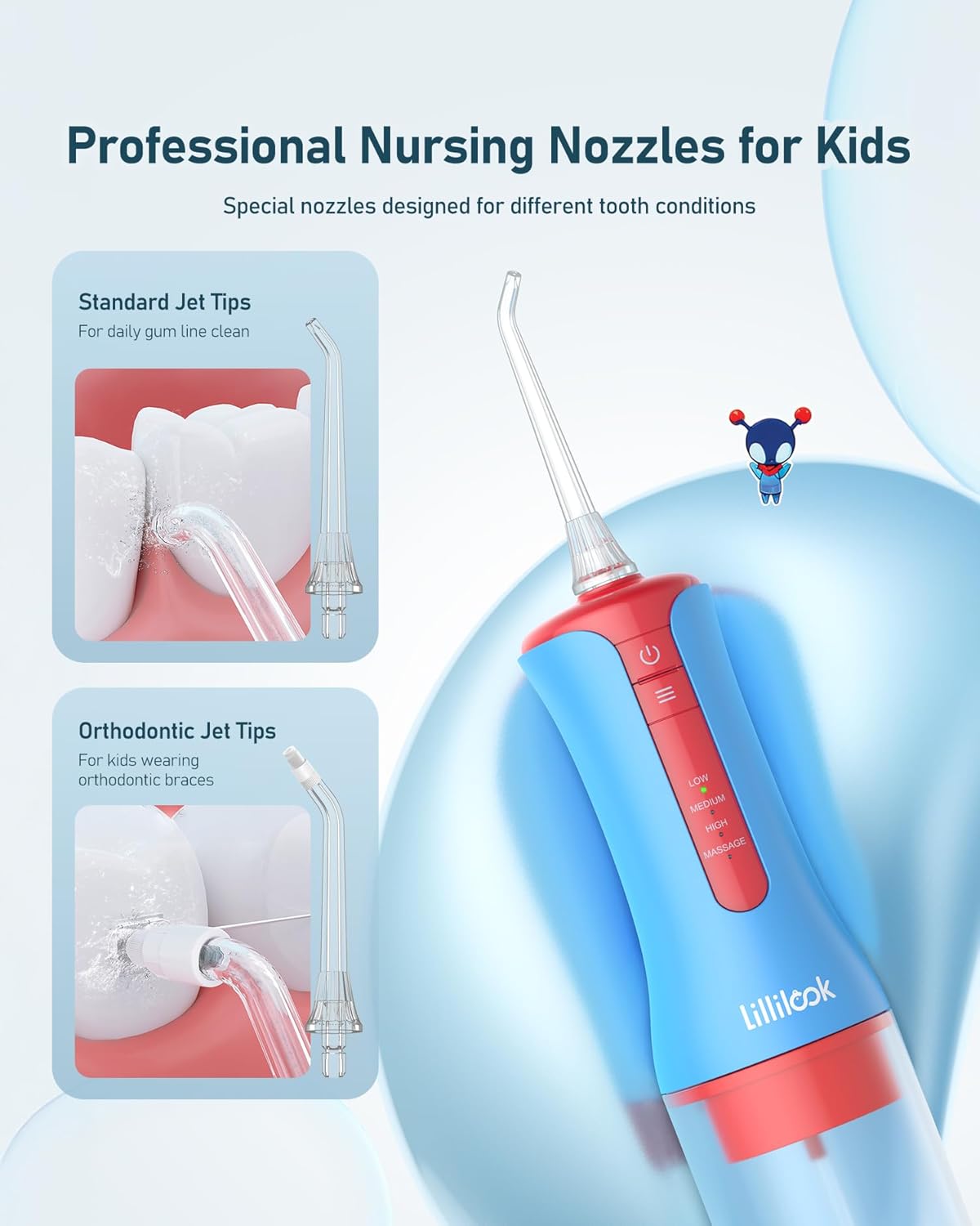 Kids Water Flosser Blue, Rechargeable Oral Irrigator for Kids Aged 6+, 4 Modes, 3 Jet Tips, Fun Stickers, Safe and Gentle Oral Care