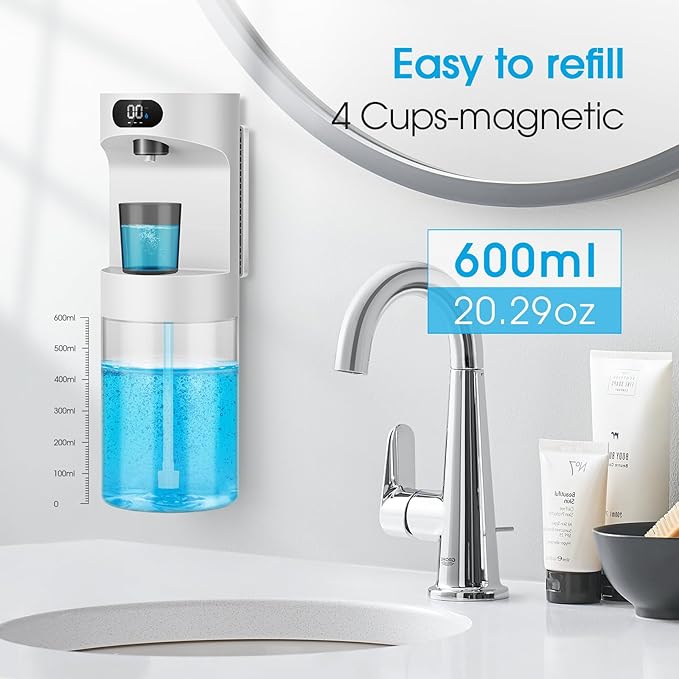 Automatic Mouthwash Dispenser for Bathroom,20.29 oz Touchless Electric Mouth Wash Dispensers Bathroom Accessories Set with 4 Magnetic Cups,4 Modes Wall Mounted Mouth Wash Dispenser for Home & Kids
