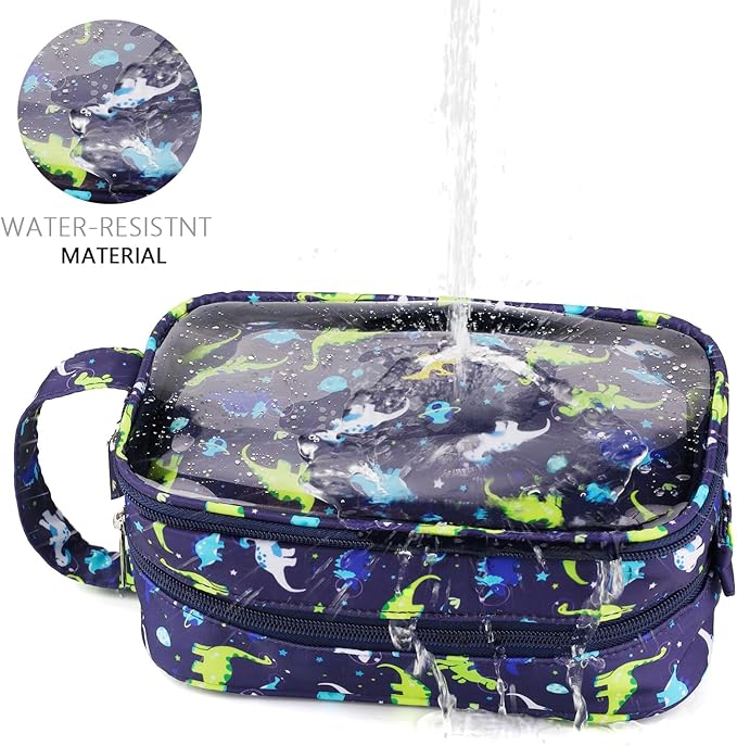 Dinosaur Kids Toiletry Bag for Boys, Travel Clear Toiletry Bag for Little Young Boys Waterproof Hanging Wash Bag Toddler Traveling Toiletries, Navy