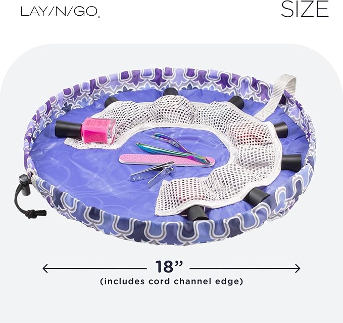 Lay-n-Go NailSpa Drawstring Cosmetic Bag - Portable Nail Supplies Organizer Bag w/ 8 Elastic Mesh Pockets & Circular Center -Durable, Machine Washable Nail Kit Organizer (18", Violet Floral [Purple])