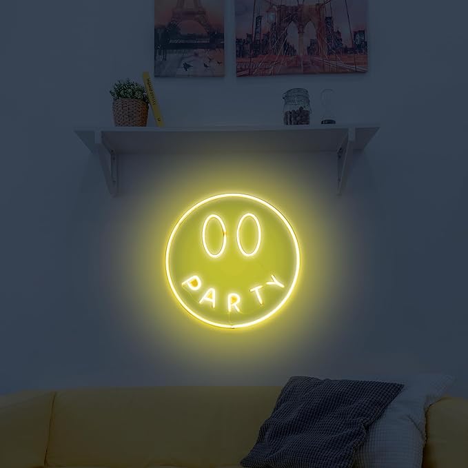 Party Smiley FACE NEON Wall Light, Smiley Face Shaped Yellow LED Light, Wall Decor, Perfect for Holiday & Birthday Gift, Party Decor, Yellow Party Smiley Face Sign for Kids Room