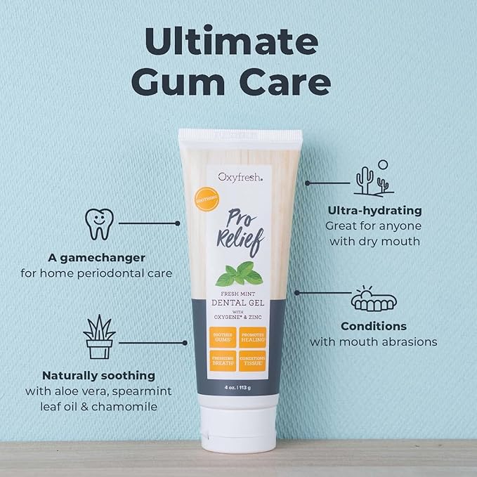 Oxyfresh Pro Relief Fluoride Free Dental Gel with Zinc and for Soothing Irritated Gums and Support Gum Health – Infused with Aloe Vera, Chamomile and Xylitol – Dentist Recommended - 4 oz