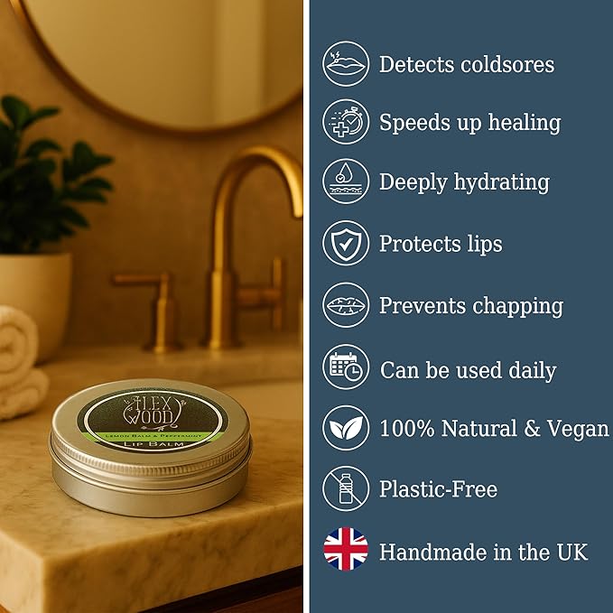 The Ilex Wood - Vegan All Natural Lip Balm - Lemon Balm and Peppermint - Cold Sore Treatment for Lips, Palm Oil Free, Cruelty Free, Plastic Free, Moisturising Lip Balm, Handcrafted - 10ml (0.34 fl oz)