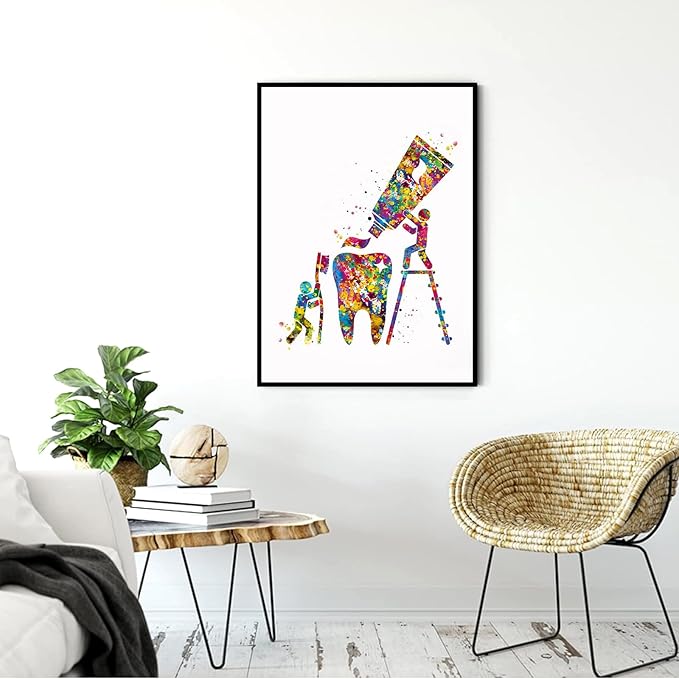 HFKSRJGW Dental Treatment Wall Art,Dental Hygienist Art Watercolor Print Dental Care Tools Tooth Medical Art Surgeon Dental Clinic Decor Gift Dentist Dentistry Office,12"x16"Framed Wall Art