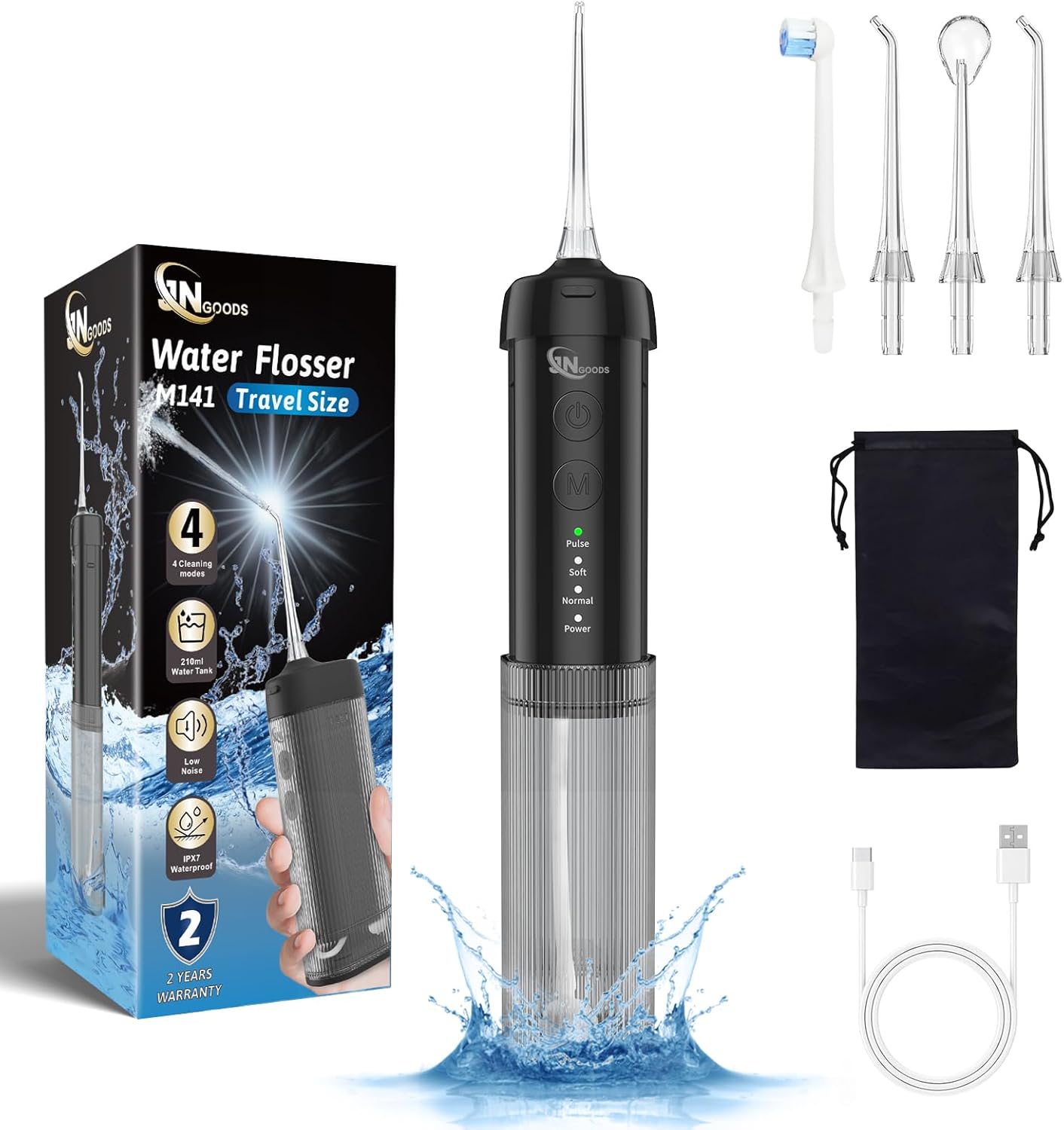 Mini Portable Water Flosser Oral Irrigator Water Teeth Cleaner Pick, Telescopic Water Tank, 4 Modes & IPX7 Waterproof, Home & Travel Water Flossers for Teeth, Braces Bridges Care. (Black)