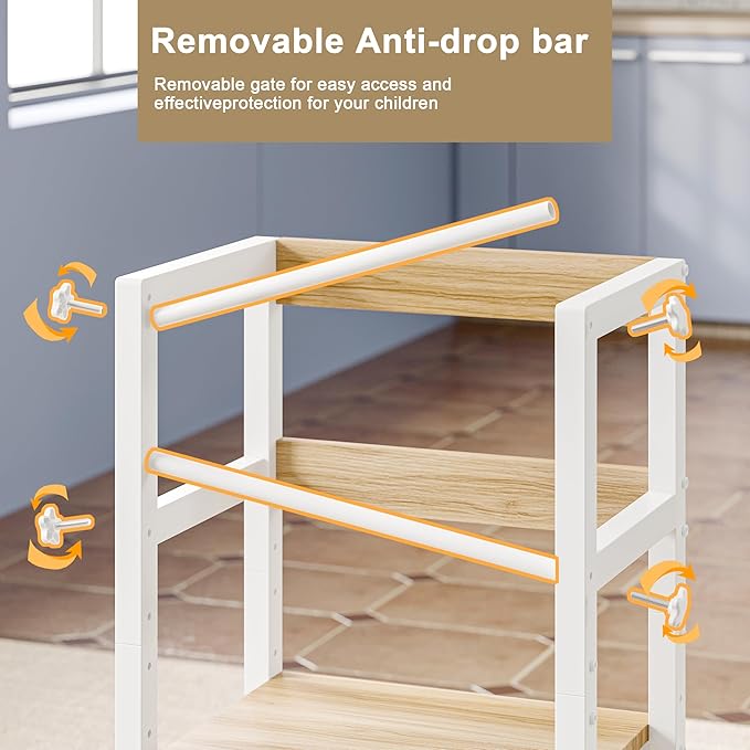 Kitchen Step Stool for Toddlers, Height Adjustable Toddler Tower with Safety Rail, Steel and Wood Toddler Kitchen Stool Helper Kids, Stool for Kids, Learning Tower, Kids' Desk Wood White