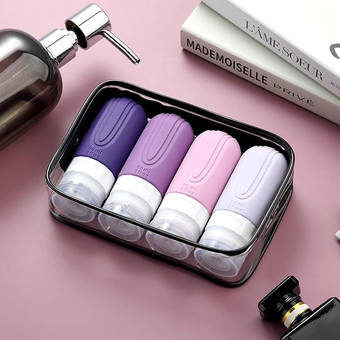 Travel Bottles for Toiletries, Tsa Approved 2oz Travel size Bottles, BPA Free Leak Proof Travels Toiletry Containers, Traveler Accessories with Toiletry Bag for Shampoo Liquid (4 Pack)