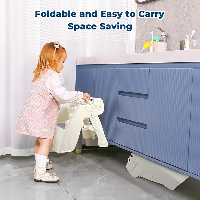 Onasti Toddler Step Stool Foldable Kids Step Stool,Bathroom Stool for Toddlers Non-Slip Toddler Step Stool for Bathroom Sink and Kitchen Counter with Cute Dinosaur Design(White)