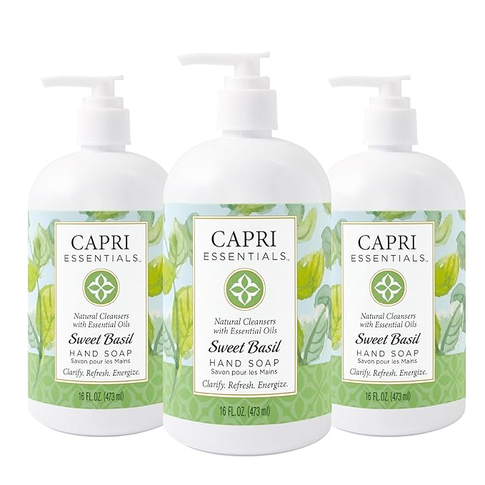 Capri Essentials Hand Soap Liquid, Natural Household Cleaning Supplies, Gentle Plant Based Aromatic Hand Wash with a Blend of Essential Oils, Removes Dirt & Grime, Sweet Basil Scent, 16 FL Oz (3 Pack)