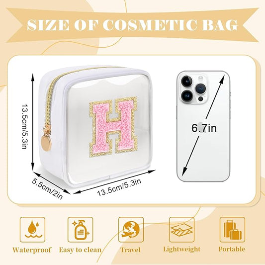 Personalized Initial Letter Clear Preppy Makeup Bag,Mini Nylon Chenille Letter Cosmetic Bag Cute Zipper Pouch Purse for Teen Girls,Portable TSA Approved Beach Travel Essentials Bag Gift for Women,H