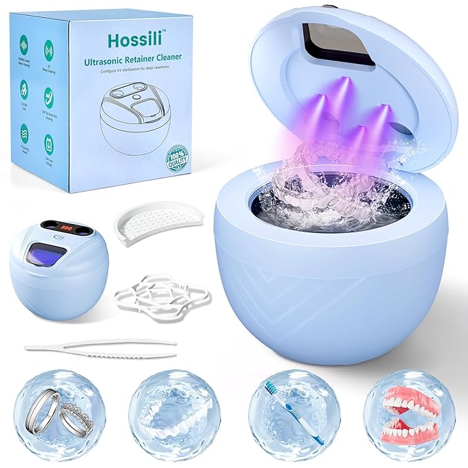 Ultrasonic Retainer Cleaner, 45kHz Retainer Cleaner Machine for Denture Cleaning Pod for Mouth Guards|Aligners|Braces|Toothbrush Heads|Jewelry, 200ML Dental Cleaning Pod with 4 Modes & Digital Timer