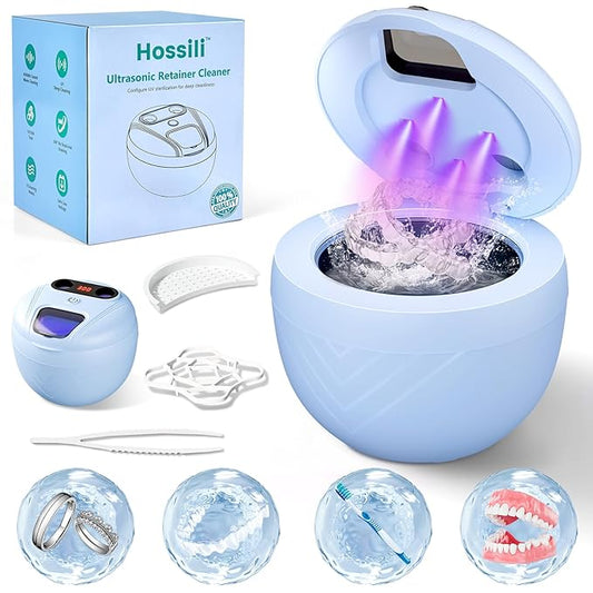 Ultrasonic Retainer Cleaner, 45kHz Retainer Cleaner Machine for Denture Cleaning Pod for Mouth Guards|Aligners|Braces|Toothbrush Heads|Jewelry, 200ML Dental Cleaning Pod with 4 Modes & Digital Timer