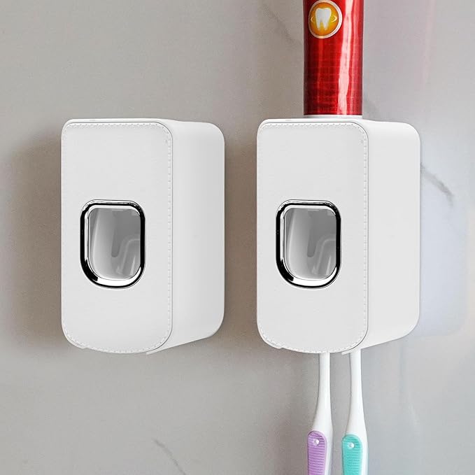 2 Slot Toothbrush Holder and Toothpaste Dispenser Wall Mounted, Automatic Toothpaste Squeezer, 2 in 1 Tooth Brush Toothpaste Organizer for Shower (White 2Pack)
