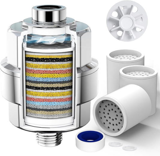 20-Stage Shower Filter-Shower Head Filter for Hard Water, with 3 Replaceable Filter Cartridges, High Output Shower Water Filter for Removing Chlorine and fluoride, Polished Chrome