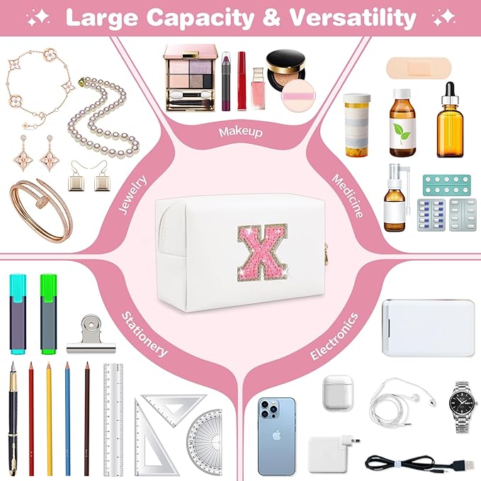 Small Initial Patch Makeup Bag Personalized Gifts Make Up Bag,White Cute PU Leather Glitter Letter Cosmetic Bag with Zipper,Trendy Portable Travel Toiletry Pouch,Preppy Stuff for Teen Girls Women X