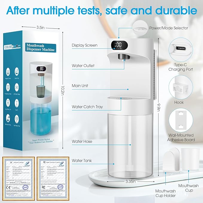 Automatic Mouthwash Dispenser for Bathroom,20.29 oz Touchless Electric Mouth Wash Dispensers Bathroom Accessories Set with 4 Magnetic Cups,4 Modes Wall Mounted Mouth Wash Dispenser for Home & Kids