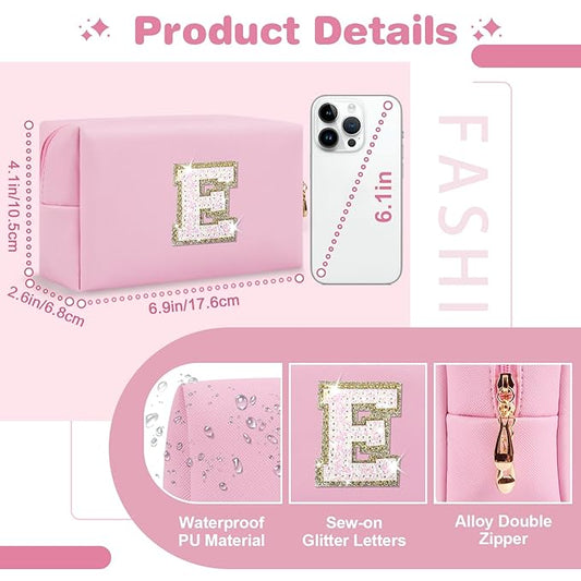 Small Personalized Initial A-Z Patch Makeup Bag,Pink Cute PU Leather Glitter Letter Cosmetic Bag for Teen Girls,Travel Toiletry Bag with Zipper,Preppy Monogrammed Birthday Gift for Daughter Niece E