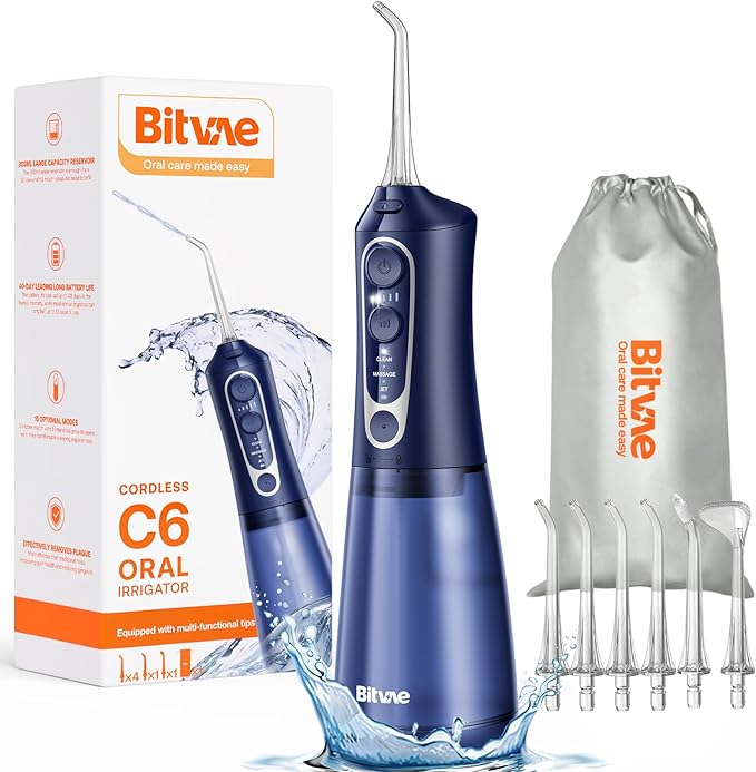 Bitvae Water Dental Flosser Teeth Pick, Cordless Flosser for Travel with 6 Jet Tips, 3 Modes 5 intensities, IPX7 Waterproof Portable & Rechargeable Oral Irrigator Cleaner, Midnight Blue