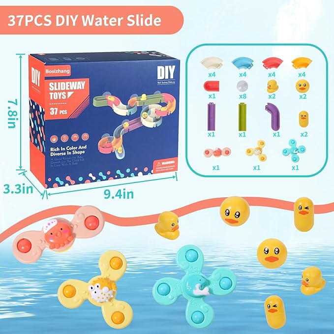 Bath Toys Toddlers（37PCS） Duck Slide Bath Toy Track with 3 Rotating Suction Cups Toys,Bath Toys for Kids Ages 4-8 , DIY Bathtub Time Birthday Gifts for Toddler Kids 3+ Years Old
