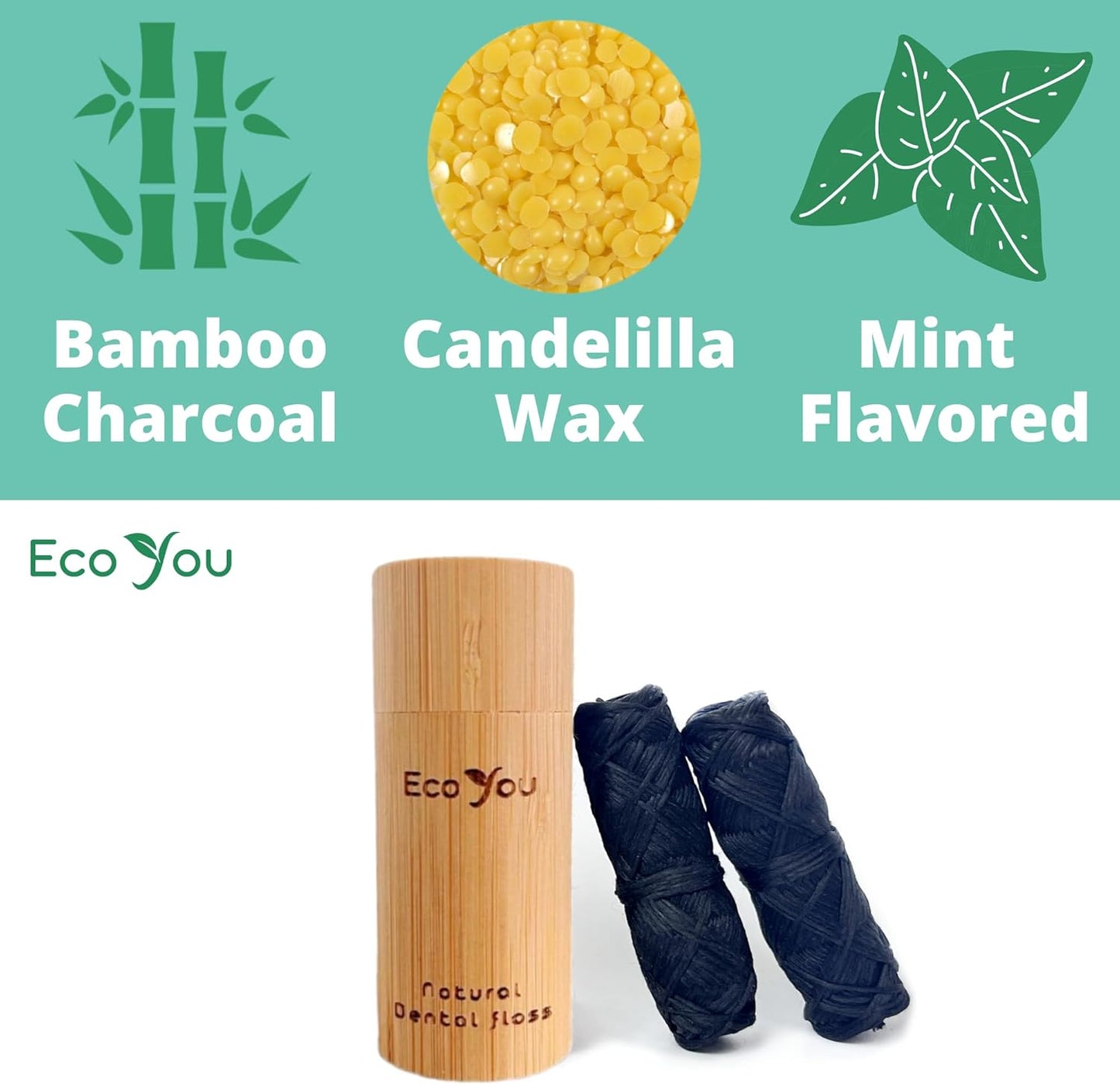 Charcoal Bamboo Floss | 2 Natural Floss Refill with Bamboo Container | Organic Mint & Candelilla Wax | Vegan & Biodegradable | Compatible with Similar Size Dental Silk Containers