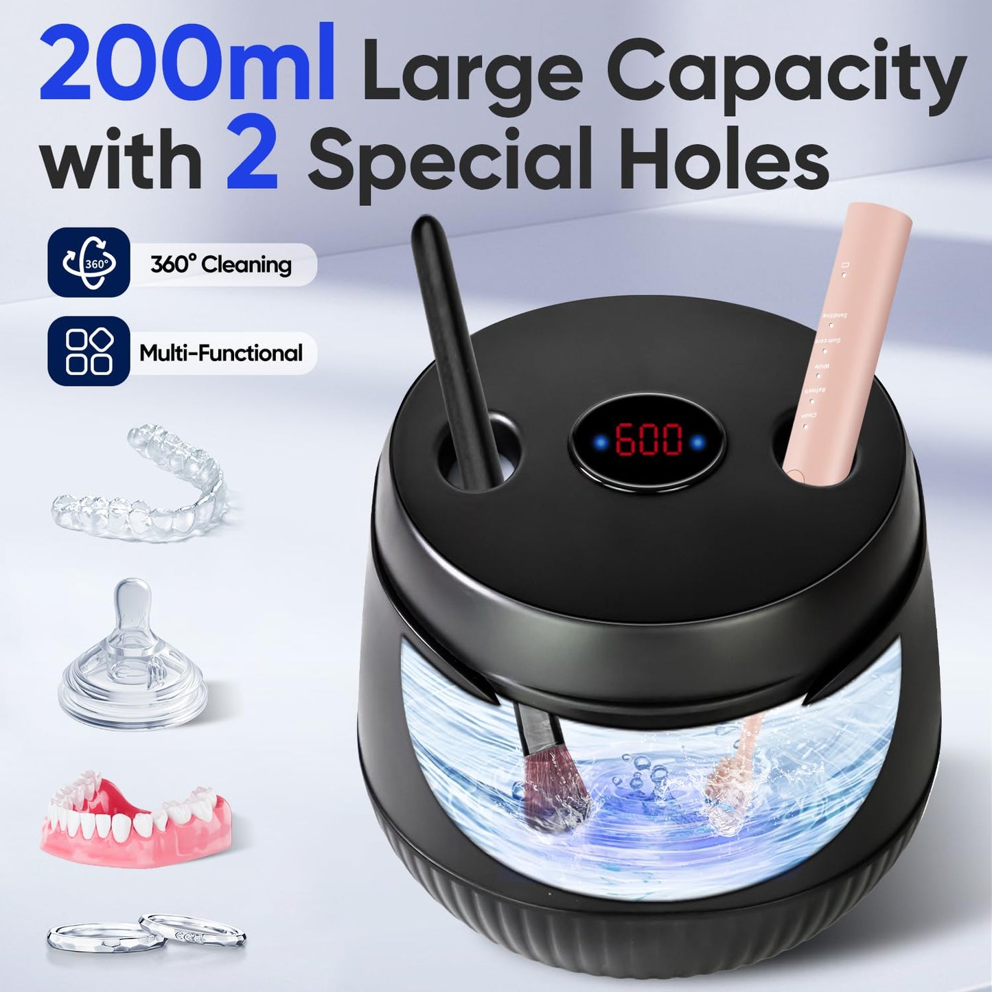 MySmile Ultrasonic Retainer Cleaner Machine with Tablets- 45kHz Black Dental Pod with 200ML Capacity and MySmile Retainer Cleaner with 120 Denture Cleaning Mix Flavor Tablets