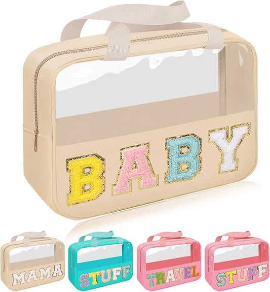 Iqimott Chenille Letter Patch Baby Bag, Preppy Clear Makeup Cosmetic Bag Large Toiletry Storage Tote Bag with Handle, Transparent Nylon Waterproof Organizer Zipper Pouch for Travel Women Girls(Beige)