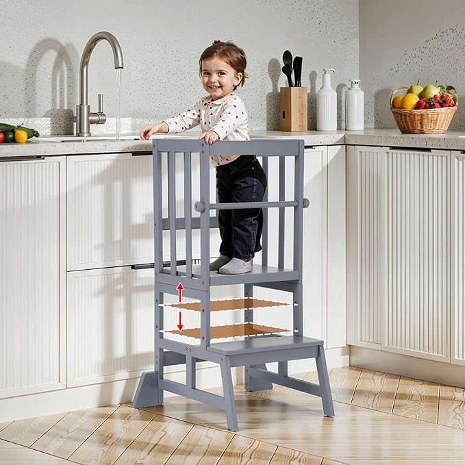 COSYLAND Toddler Standing Tower - Adjustable Height Toddler Kitchen Stool Helper - Kids Kitchen Step Stool for Learning with Removable Safety Railing Slate Gray