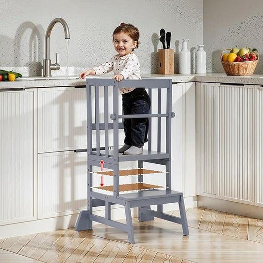 COSYLAND Toddler Standing Tower - Adjustable Height Toddler Kitchen Stool Helper - Kids Kitchen Step Stool for Learning with Removable Safety Railing Slate Gray