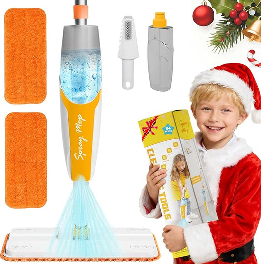 Kids Spray Mop - Toddler Cleaning Set Includes Kids Mop with Real Water Sprayer, Microfiber Pads & Scraper - Pretend Play Montessori Housekeeping Toys Gifts for Toddlers Girls Boys Aged 4+