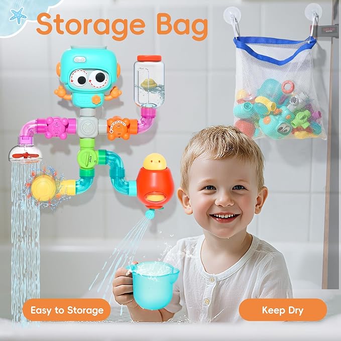 STEM Building Bath Toys for Kids Ages 4-8 | 21PCS DIY Water Pipe Assembly Kit with Storage Bag | Educational Shower Toys for Kids Ages 3-5 | Creative Tub Time Birthday Gifts for Boys & Girls