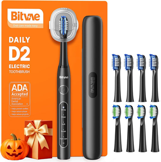 Bitvae ADA Accepted Electric Toothbrush, Travel Toothbrush Rechargeable for Adults and Kids, 60-Day Battery, 5 Modes, 8 Heads, Portable Travel Case & Holder, Shadow Black