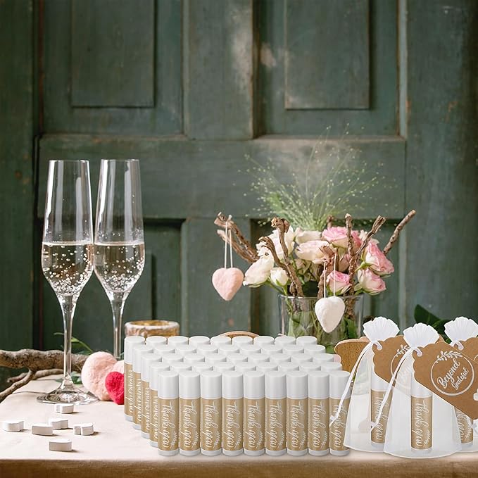 Leelosp Wedding Thank You Lip Balm Bulk Small Natural Moisturizing Mini Balm Lip Care Product Include Organza Bag and Appreciation Card for Women Baby Shower Favors, 5 Fragrance(15 Sets)