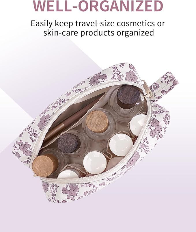 Narwey Small Makeup Bag for Purse Travel Makeup Pouch Mini Cosmetic Bag Zipper Pouch for Women (Little Dusty Pink Flower, Small)