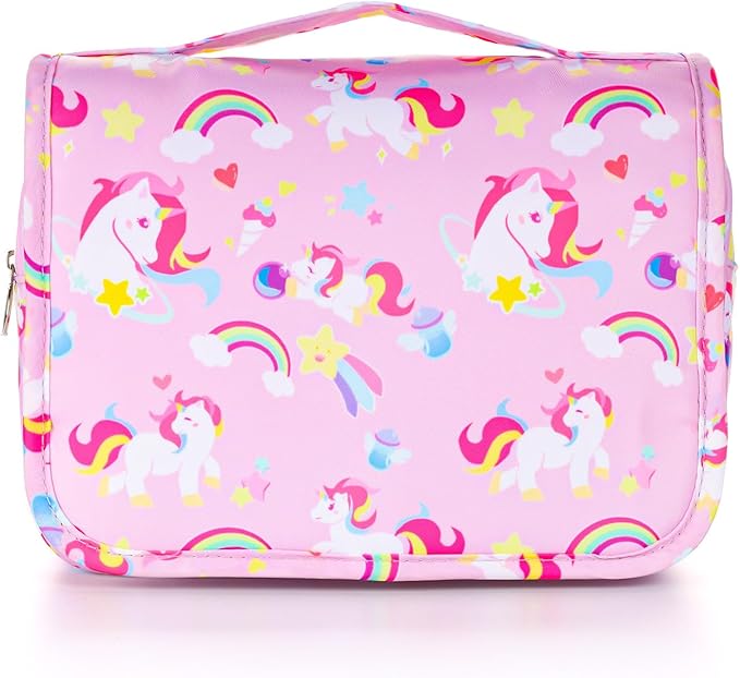 Kids Hanging Toiletry Bag for Girls, Travel Toiletry Bag for Little Young Girls Cosmetic Makeup Waterproof Wash Bag Toddler Traveling Toiletries, Unicorn Pink