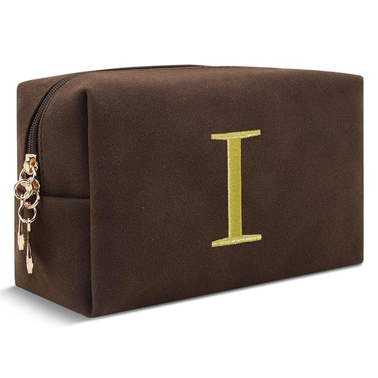 Personalized Initial Makeup Bag,Preppy Suede Cosmetic Bag for Teen Girls,Small Monogram Travel Toiletry Bag With Gold Embroidered Letter,Trendy Stuff Custom Christmas Gift for Women(Coffee-I)