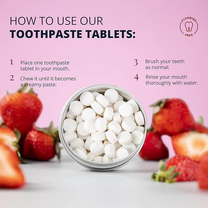 J&L Naturals Toothpaste Tablets | 62-Pack Travel-Friendly Toothpaste | Fluoride + Plastic Free, Vegan, Cruelty Free, Sustainable | Woman-Owned Small Business (Strawberry, 62 Count (Pack of 2))