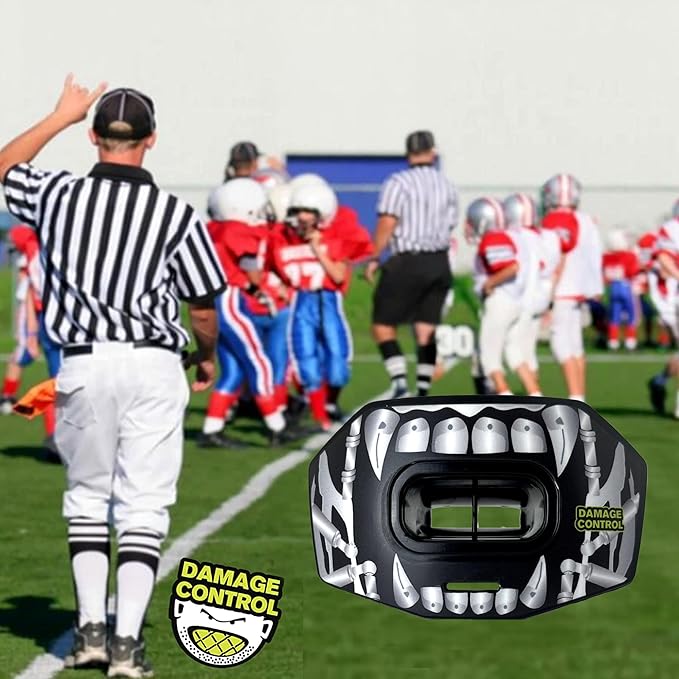 DAMAGE CONTROL Youth Football Mouth Guard – Breathable No Boil Mouthpiece, Protects Lips & Teeth, Works with Braces, Includes Helmet Strap – Sports Gear & Accessories (Terror Bite)