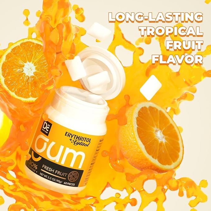 DC24 DAILY CARE Xylitol Chewing Gum with Erythritol, Aspartame Free & Sugar Free Gum for Dry Mouth, Low-Calorie, Sugarless, Fresh Fruit, 60 Pieces (Pack of 2)