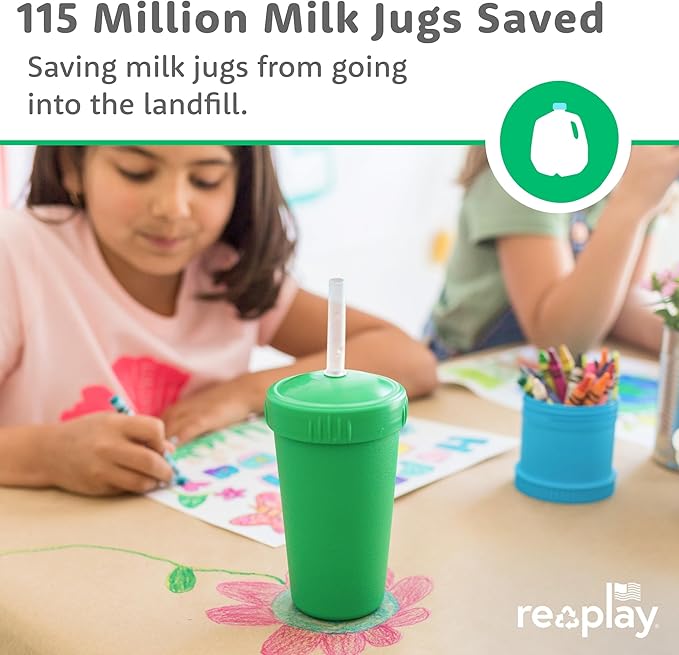 Re-Play 10 oz. Straw Cups for Kids with Silicone Locking Straws - Dishwasher & Microwave Safe - Made in USA - Set of 4-7.37" x 7.37" x 1.25" - Desert Roses